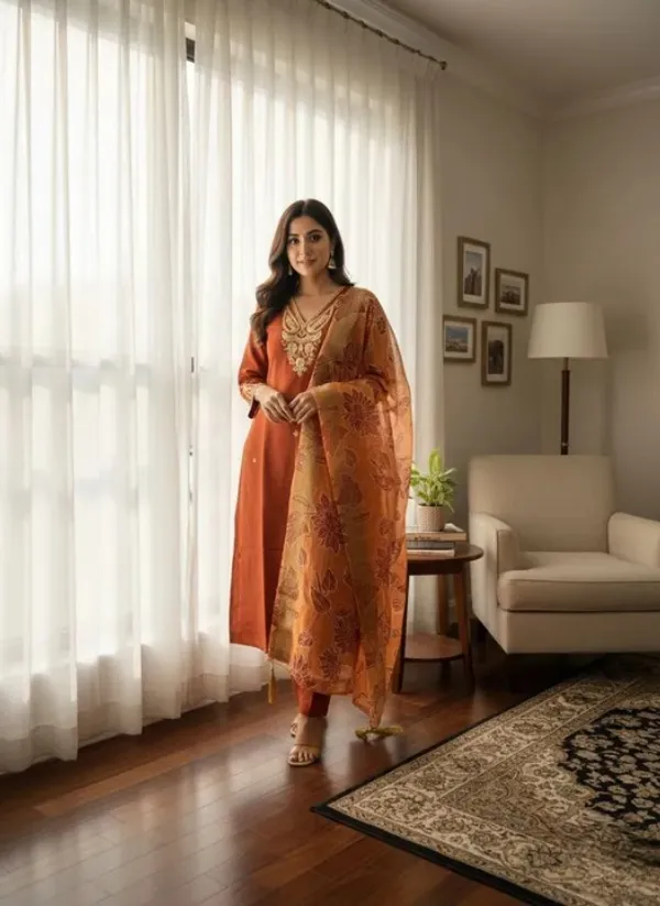 Orange_Roman_Silk_Kurti_Pant_Set_With_Chanderi_Dupatta_For_Women