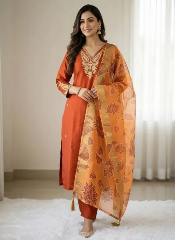 Orange_Roman_Silk_Kurti_Pant_Set_With_Chanderi_Dupatta_For_Women