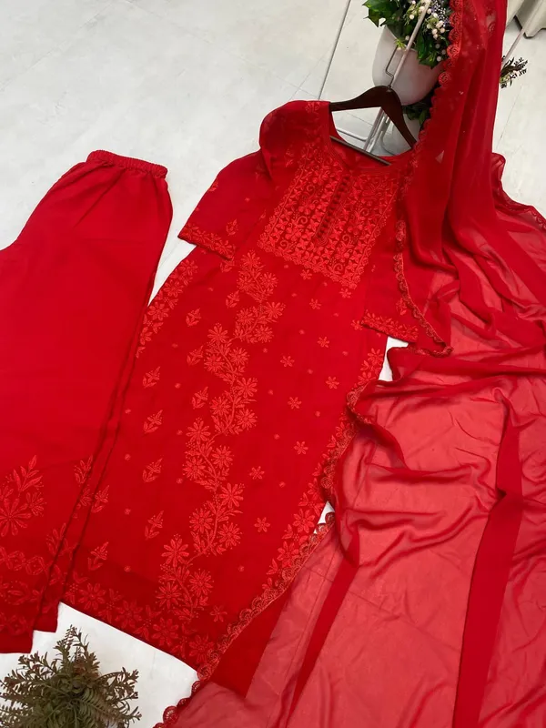 Red_Color_Chikankari_Kurti_Set_With_Dupatta_For_Women