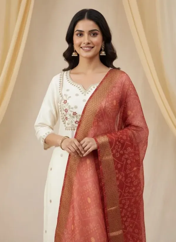 Cream_White_Roman_Silk_Designer_Kurti_Pant_Dupatta_Set_For_Women