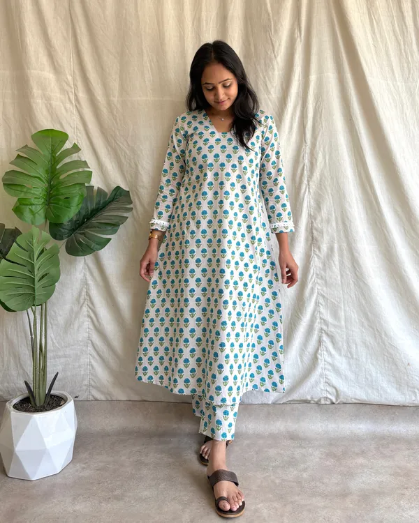 White_And_Sky_Blue_Cotton_Premium_Kurta_Set_For_Women