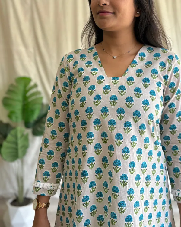 White_And_Sky_Blue_Cotton_Premium_Kurta_Set_For_Women