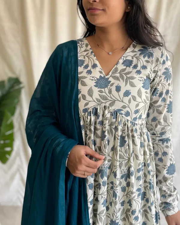 Off_White_And_Peacock_Blue_Cotton_Premium_Kurta_Set_For_Women