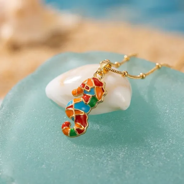 Gold-Tone_Beaded_Chain_Necklace_With_Colorful_Enamel_Seahorse_Pendant