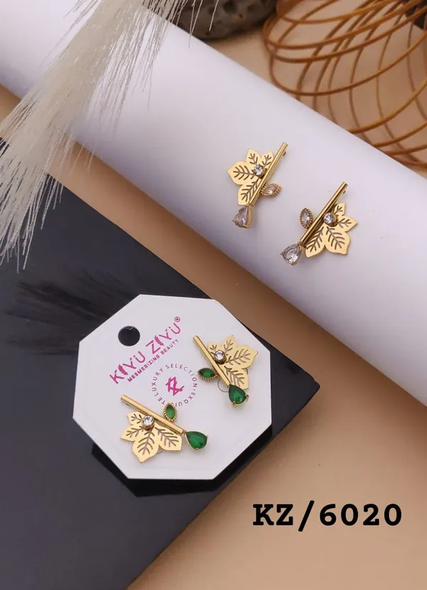 Gold-Plated_Leaf_Design_Earrings_With_Green_And_Purple_Stone_Drops