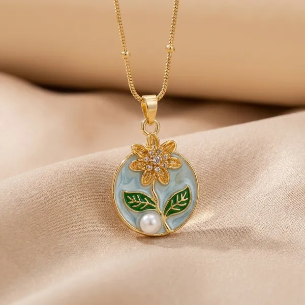 Gold-Plated_Floral_Pendant_Necklace_With_Enamel_Work