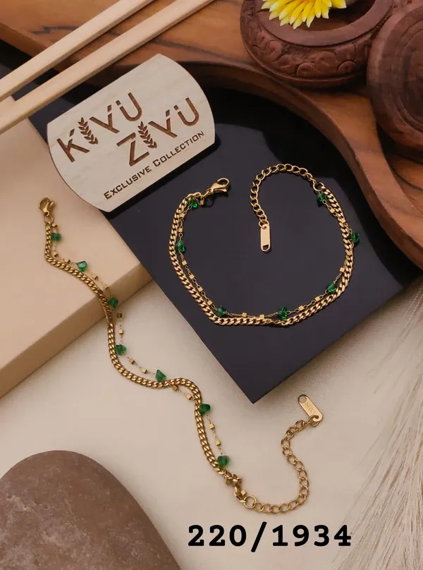 Gold-Toned_Beaded_Chain_Bracelet_Set_With_Green_Stone_Accents_-_Kyu_Zyu_Exclusive_Collection