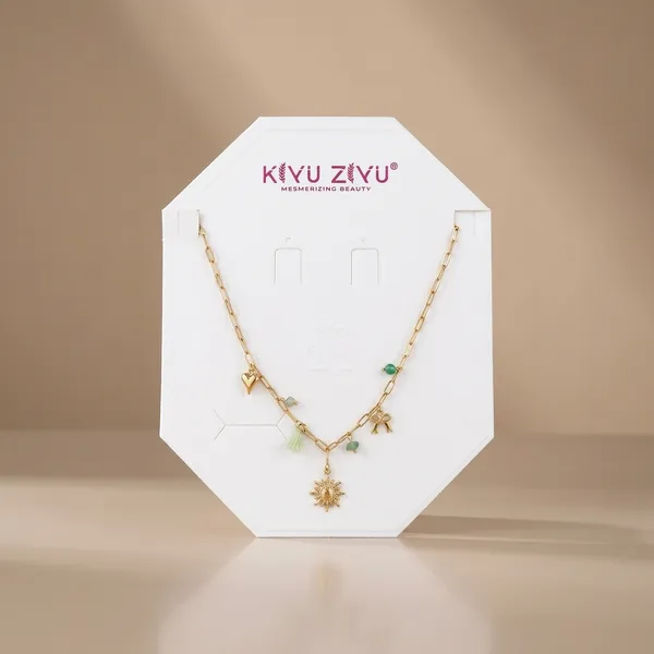Gold-Tone_Charm_Necklace_With_Green_Bead_Accents_And_Sun_Pendant