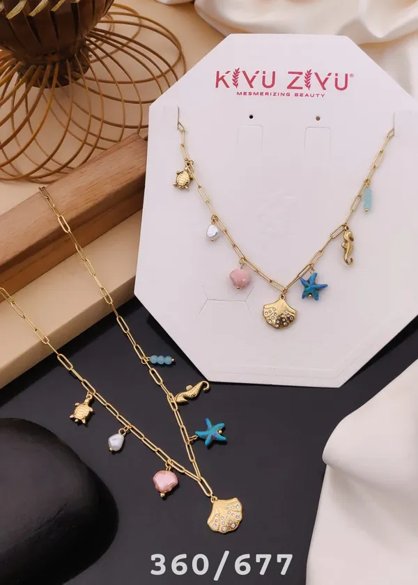 Gold-Tone_Shell_&_Starfish_Charm_Necklace_With_Colorful_Beads