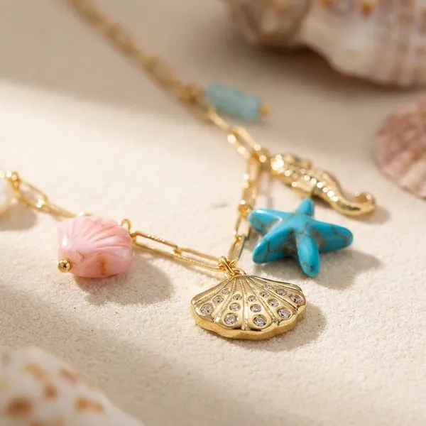 Gold-Tone_Shell_&_Starfish_Charm_Necklace_With_Colorful_Beads