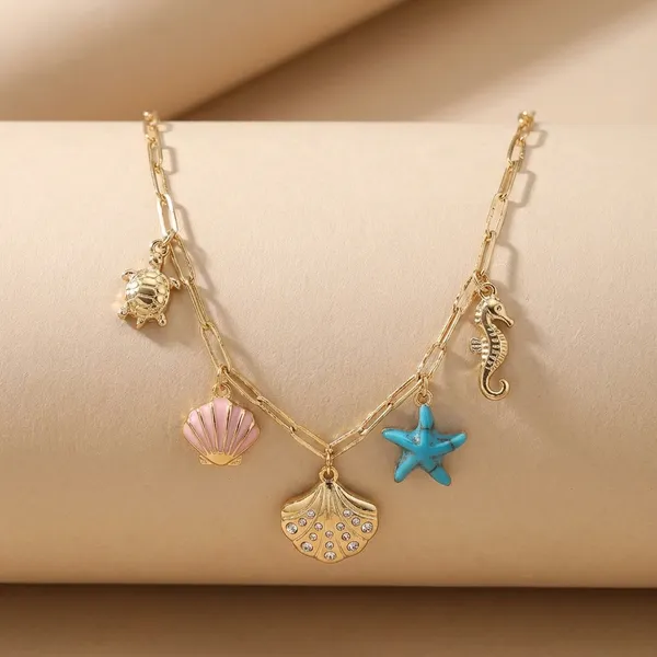 Gold-Tone_Shell_&_Starfish_Charm_Necklace_With_Colorful_Beads