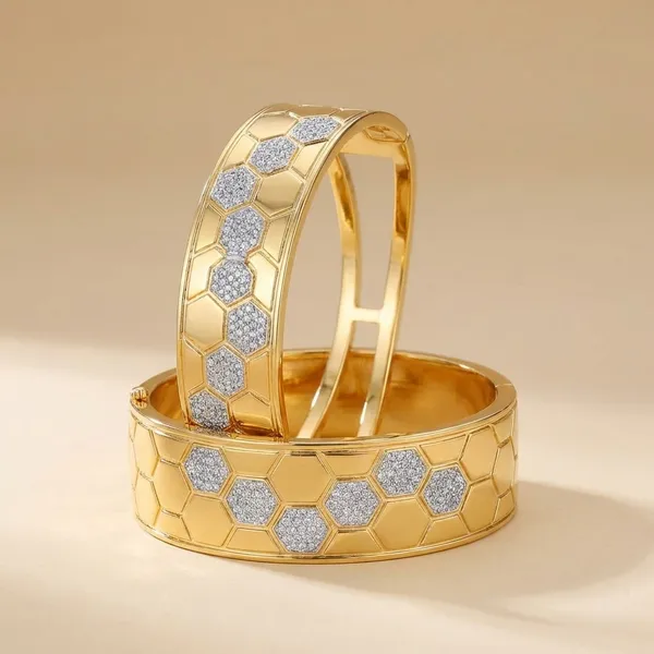 Kavu_Zavu_Exclusive_Collection_-_Honeycomb_Pattern_Gold-Tone_Bangles_With_Cz_Embellishments_(Set_Of_2)