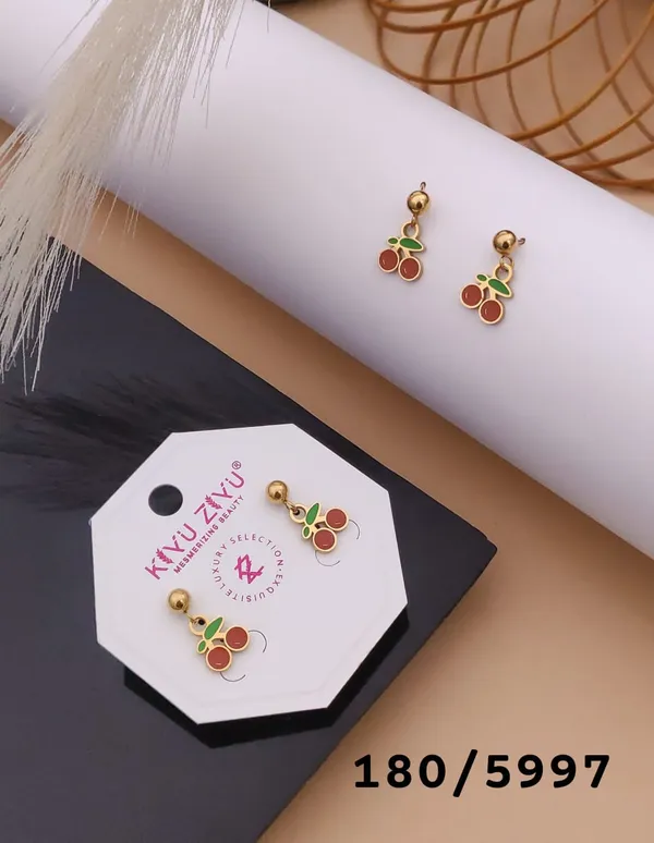 Cherry_Fruit_Dangle_Stud_Earrings_-_Gold_Plated_With_Red_And_Green_Enamel