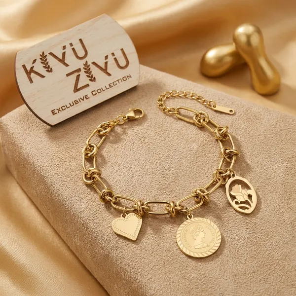 Kivi_Zivi_Exclusive_Collection_Gold-Toned_Chain_Bracelet_With_Heart,_Coin_&_Portrait_Charms_-_Set_Of_2