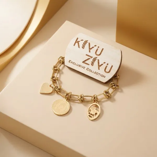 Kivi_Zivi_Exclusive_Collection_Gold-Toned_Chain_Bracelet_With_Heart,_Coin_&_Portrait_Charms_-_Set_Of_2
