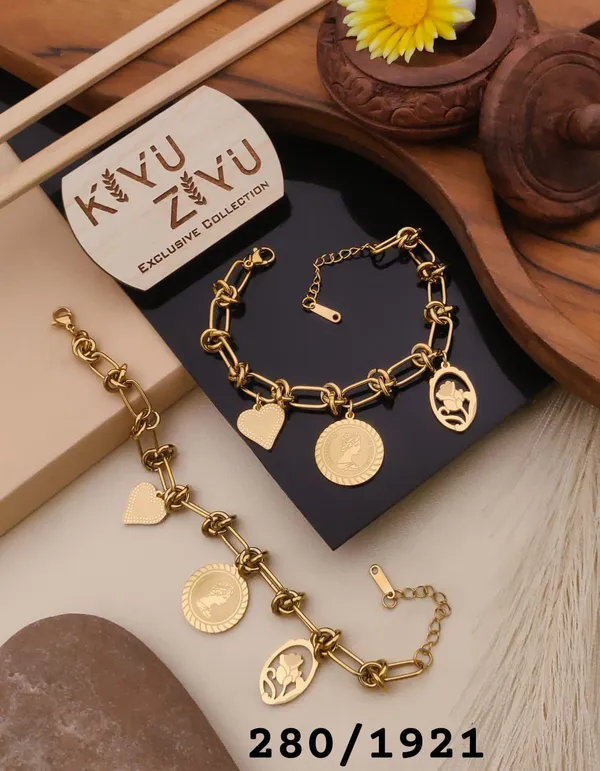 Kivi_Zivi_Exclusive_Collection_Gold-Toned_Chain_Bracelet_With_Heart,_Coin_&_Portrait_Charms_-_Set_Of_2
