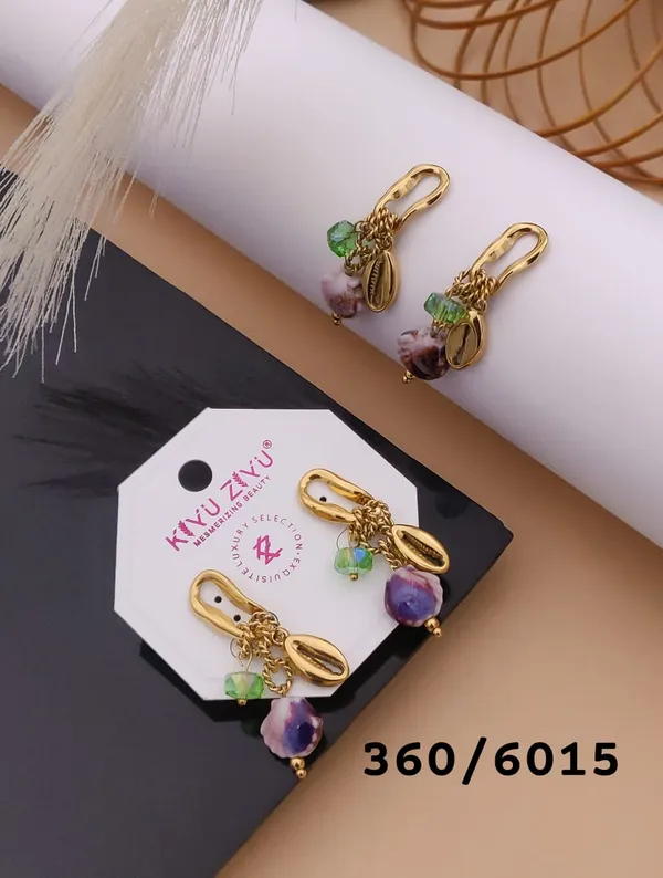 Gold-Tone_Safety_Pin_Style_Earrings_With_Green_And_Purple_Beads