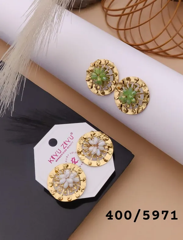 Golden_Floral_Stud_Earrings_With_Green_And_White_Stone_Centers