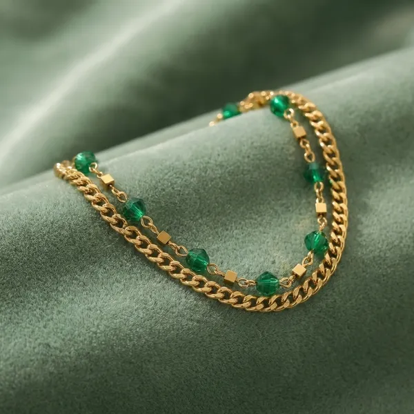 Gold-Toned_Beaded_Chain_Bracelet_Set_With_Green_Stone_Accents_-_Kyu_Zyu_Exclusive_Collection