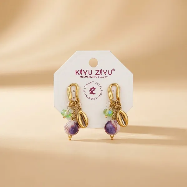 Gold-Tone_Safety_Pin_Style_Earrings_With_Green_And_Purple_Beads