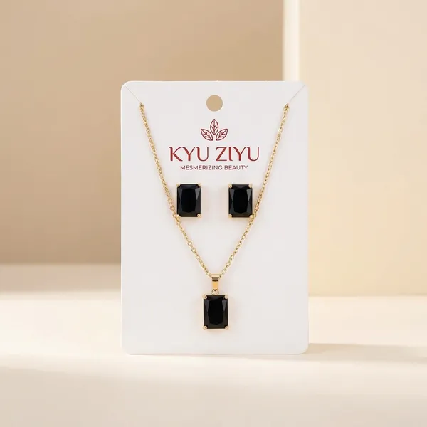 Elegant_Black_And_Gold_Pendant_Necklace_With_Matching_Earrings_Jewelry_Set