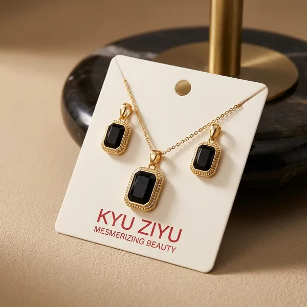 Elegant_Black_And_Gold_Pendant_Necklace_With_Matching_Earrings_Jewelry_Set