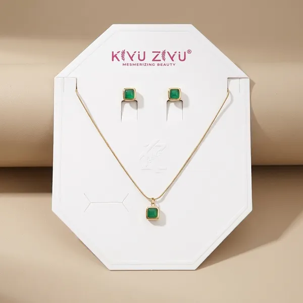 Green_Stone_Square_Pendant_Necklace_And_Earring_Jewelry_Set