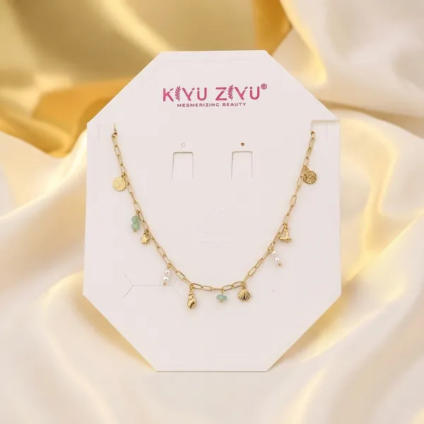 Golden_Charm_Necklace_With_Turquoise_Beads_And_Shell_Pendants