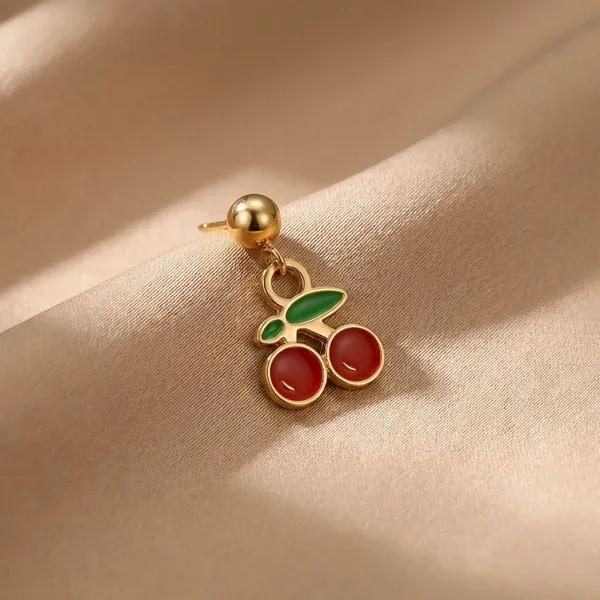 Cherry_Fruit_Dangle_Stud_Earrings_-_Gold_Plated_With_Red_And_Green_Enamel