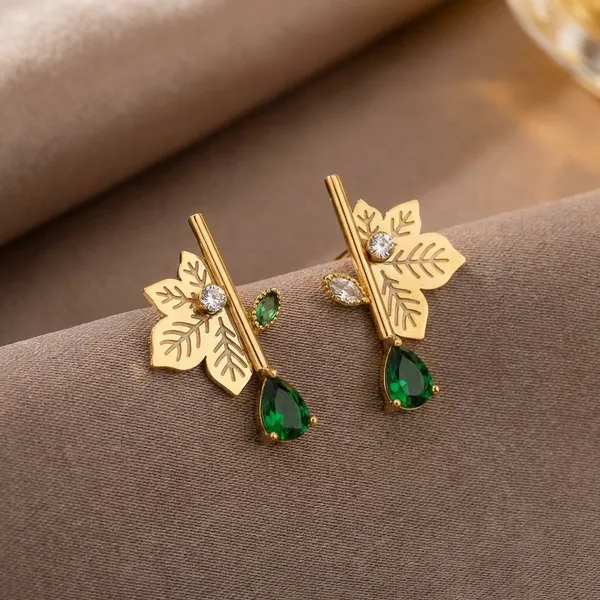 Gold-Plated_Leaf_Design_Earrings_With_Green_And_Purple_Stone_Drops