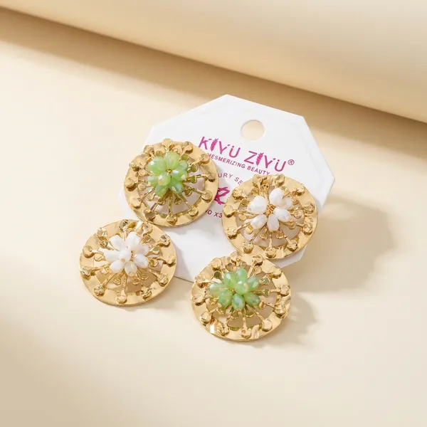 Golden_Floral_Stud_Earrings_With_Green_And_White_Stone_Centers