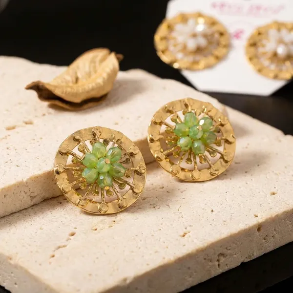 Golden_Floral_Stud_Earrings_With_Green_And_White_Stone_Centers