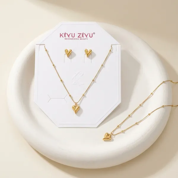 Golden_Heart_Pendant_Necklace_And_Earrings_Jewelry_Set