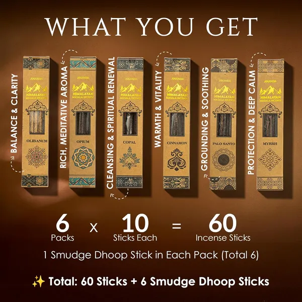 Himalayan_Smudge_Incense_With_6_Fragrant_Scents_-Palo_Santo,_Copal,_Myrrh,_Cinnamon,_Opium,_Olibanum_|_60_Sticks_+_6_Dhoop_|_Masala_Blend