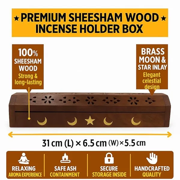 Brown_Rushant_Wooden_Incense_Holder_Coffin_Box_31_Cm_Sheesham_Wood_With_Storage,_Brass_Moon_&_Star_Design,_Free_Sandal_Saffron_Dhoop_&_Incense_Sticks