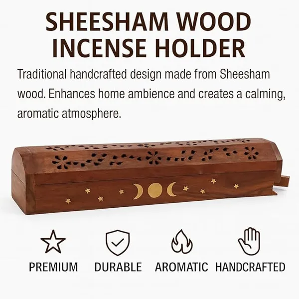 Brown_Rushant_Wooden_Incense_Holder_Coffin_Box_31_Cm_Sheesham_Wood_With_Storage,_Brass_Sun,_Moon_&_Star_Design,_Free_Sandal_Saffron_Dhoop_&_Incense_Sticks