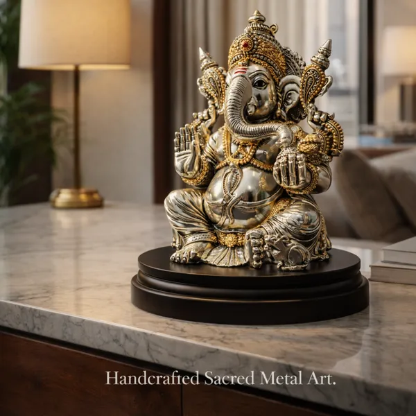 Golden_&_Silver_Plated_Ganesha_Idol_With_Gold_Accents_For_Pooja_And_Home_Decor