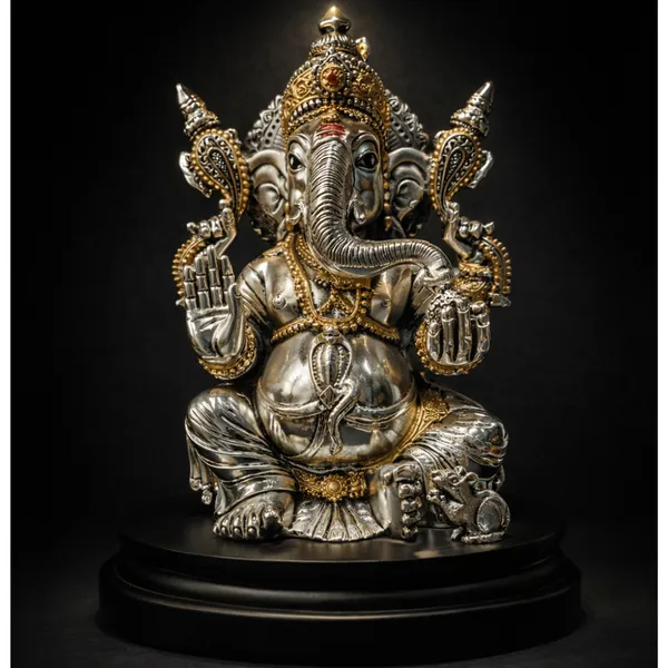 Golden_&_Silver_Plated_Ganesha_Idol_With_Gold_Accents_For_Pooja_And_Home_Decor