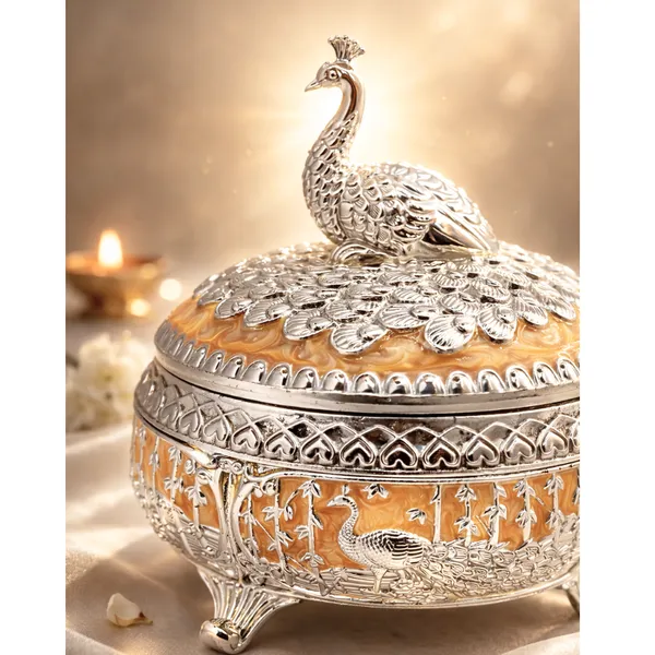 Yellow_&_Silver_Plated_Peacock_Mukhwas_Bowl_With_Enamel_Luxury_Wedding_&_Festival_Gift