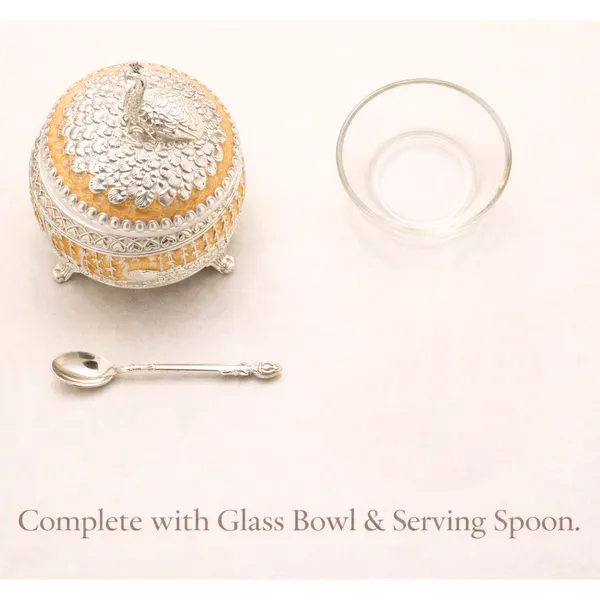 Yellow_&_Silver_Plated_Peacock_Mukhwas_Bowl_With_Enamel_Luxury_Wedding_&_Festival_Gift