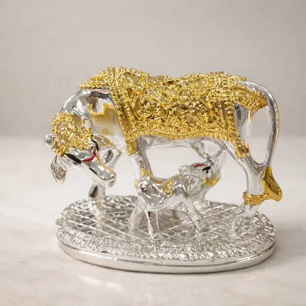 Golden_Silver_Plated_Kamdhenu_Cow_And_Calf_Idol_With_Gold_Enamel_For_Pooja_And_Gifting
