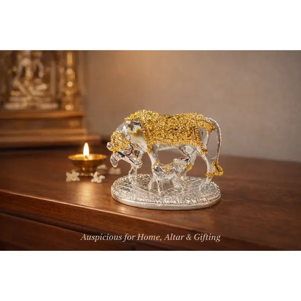 Golden_Silver_Plated_Kamdhenu_Cow_And_Calf_Idol_With_Gold_Enamel_For_Pooja_And_Gifting