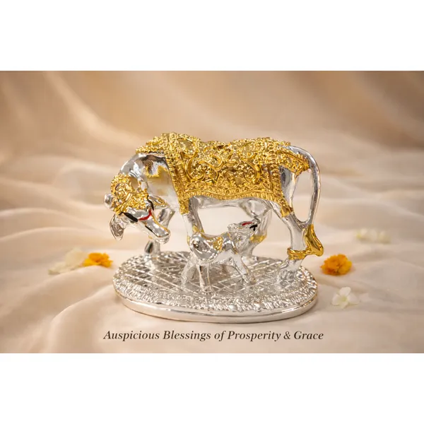 Golden_Silver_Plated_Kamdhenu_Cow_And_Calf_Idol_With_Gold_Enamel_For_Pooja_And_Gifting