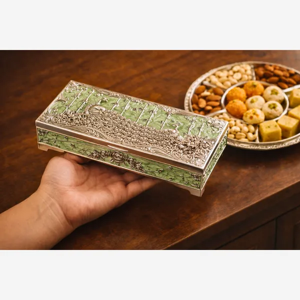 Green_&_Silver_Plated_Peacock_Dry_Fruit_Box_With_Jade_Enamel_Luxury_Gift_Box