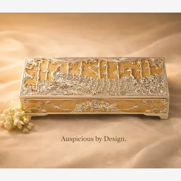 Yellow_Silver_Plated_Peacock_Dry_Fruit_Box_Luxury_Wedding_&_Festive_Gift