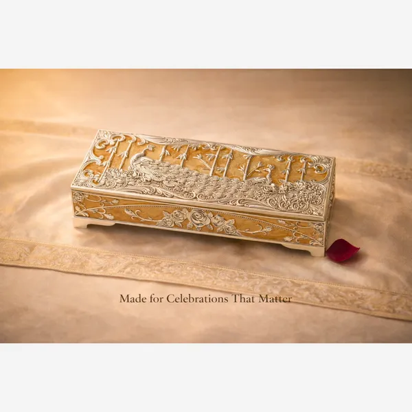 Yellow_Silver_Plated_Peacock_Dry_Fruit_Box_Luxury_Wedding_&_Festive_Gift
