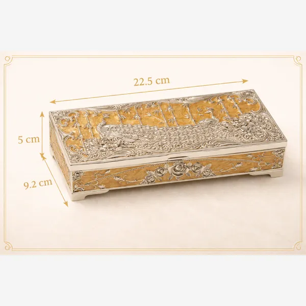 Yellow_Silver_Plated_Peacock_Dry_Fruit_Box_Luxury_Wedding_&_Festive_Gift