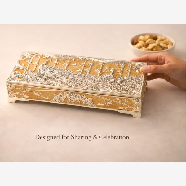 Yellow_Silver_Plated_Peacock_Dry_Fruit_Box_Luxury_Wedding_&_Festive_Gift