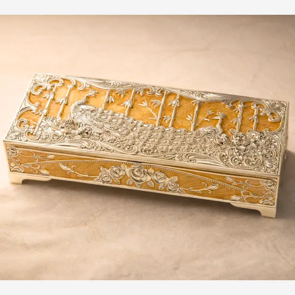 Yellow_Silver_Plated_Peacock_Dry_Fruit_Box_Luxury_Wedding_&_Festive_Gift