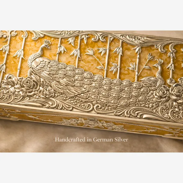 Yellow_Silver_Plated_Peacock_Dry_Fruit_Box_Luxury_Wedding_&_Festive_Gift